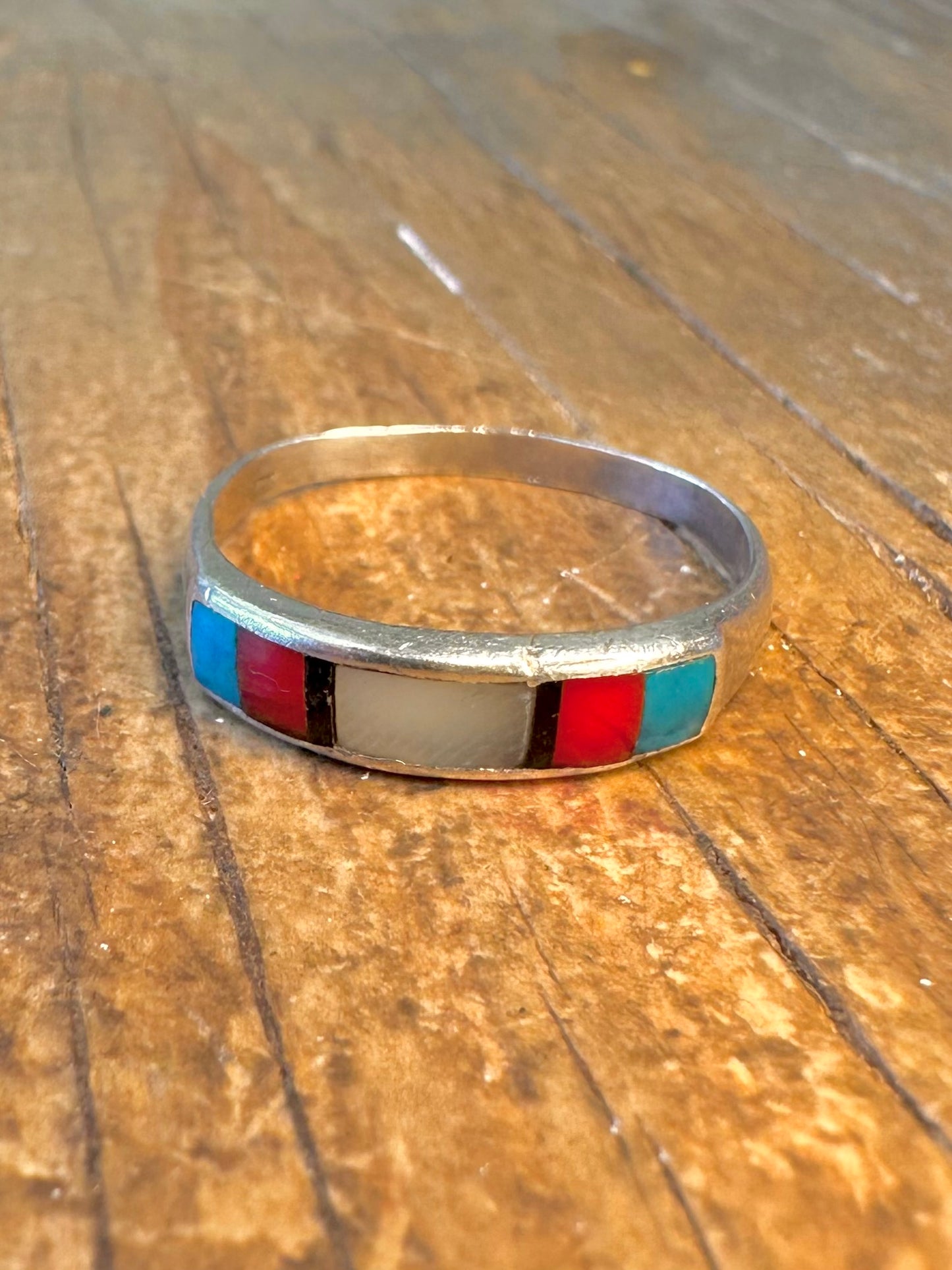 Zuni Style Turquoise Mother of Pearl Coral 925 Sterling Silver Size S Ring