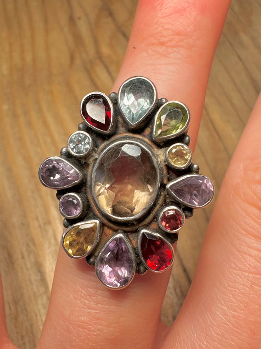 Vintage Multi Gemstone Cluster 925 Sterling Silver Size O Ring