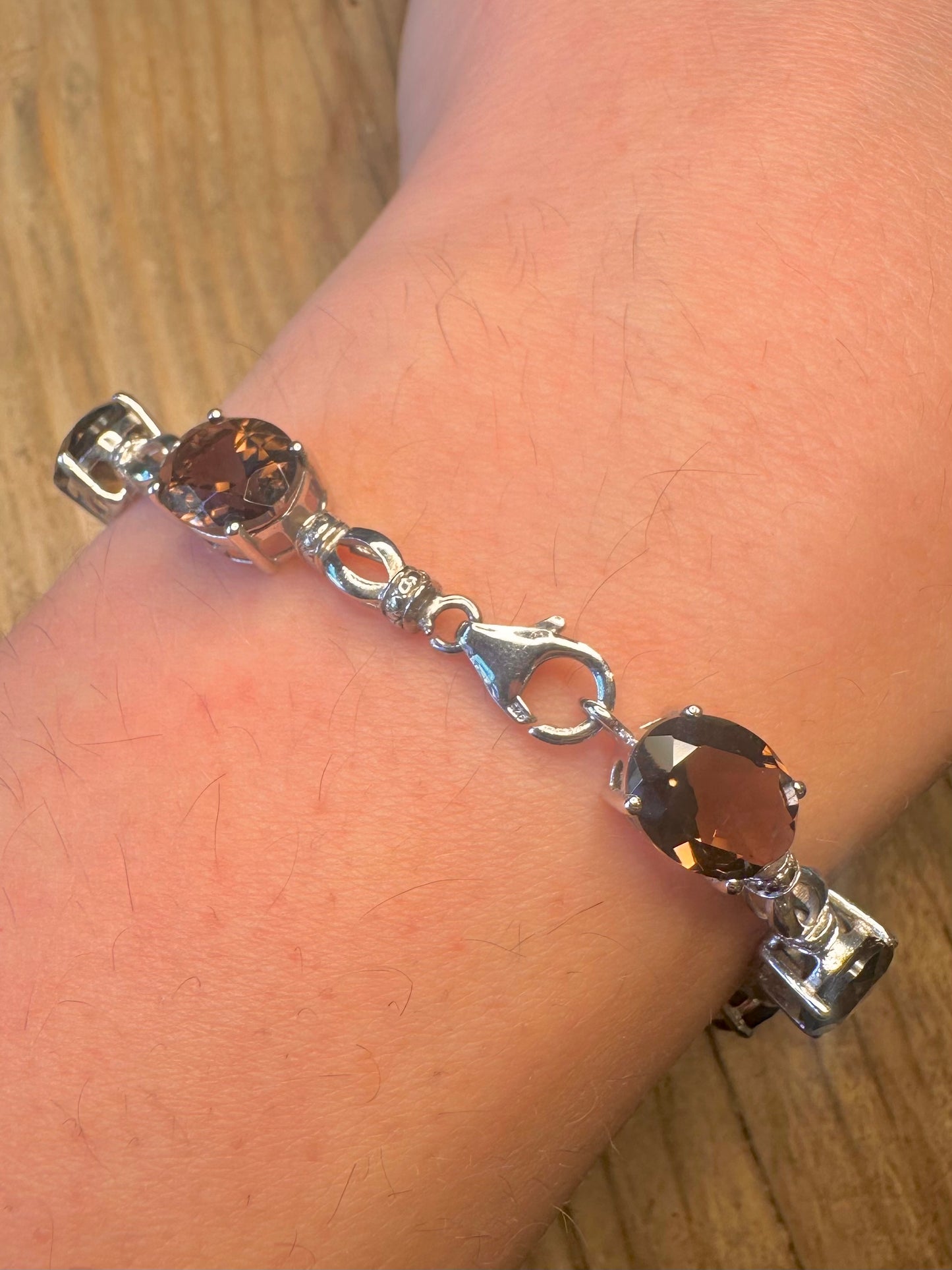 Modernist Smokey Quarts Tennis 925 Sterling Silver 7.2 inch Bracelet