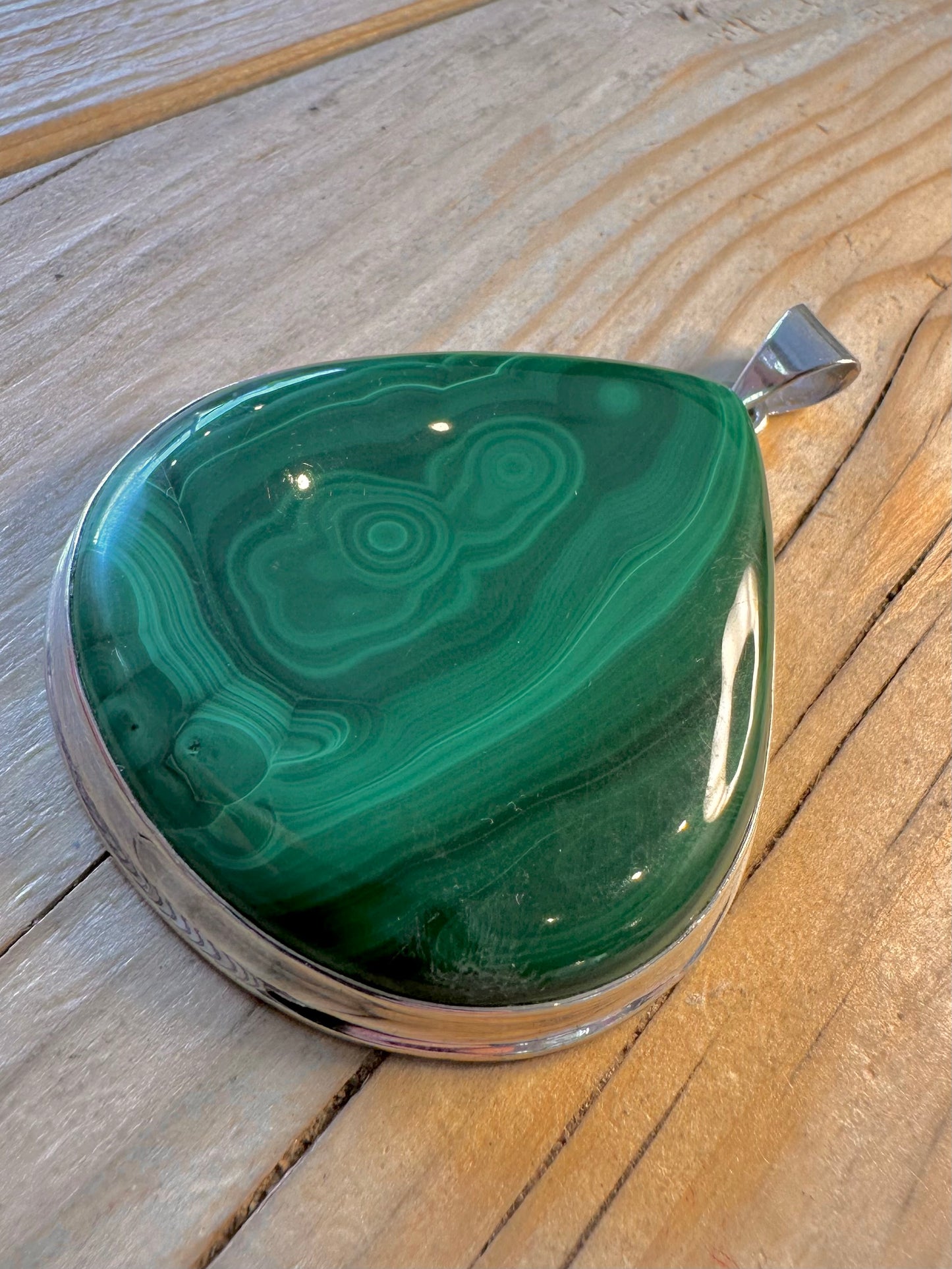 Vintage Large Malachite Triangle 925 Silver Pendant