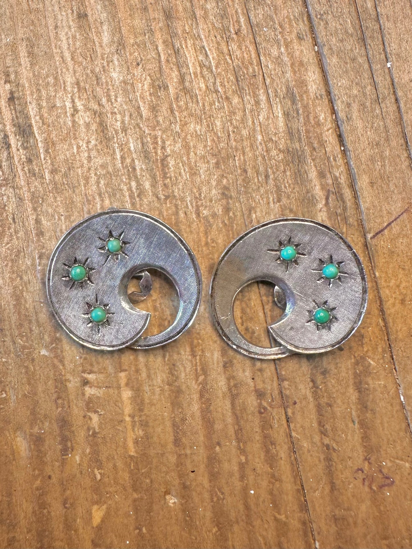 Star Burst Turquoise Brush Effect Clip On 925 Sterling Silver Earrings