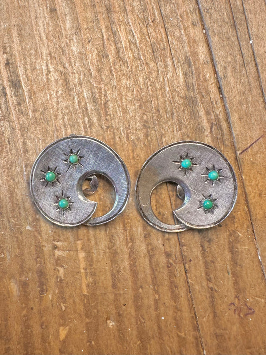 Star Burst Turquoise Brush Effect Clip On 925 Sterling Silver Earrings