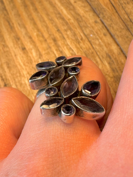 Amethyst Cluster 925 Sterling Silver Size N Ring