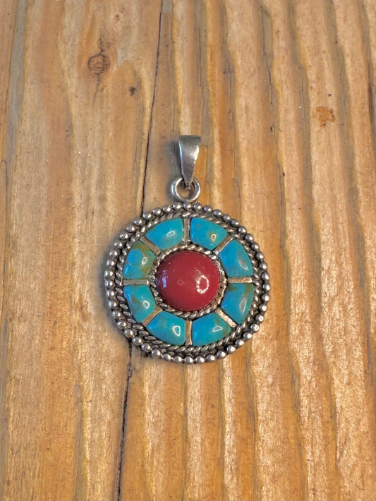 Turquoise and Coral Southwestern Style 925 Sterling Silver Pendant