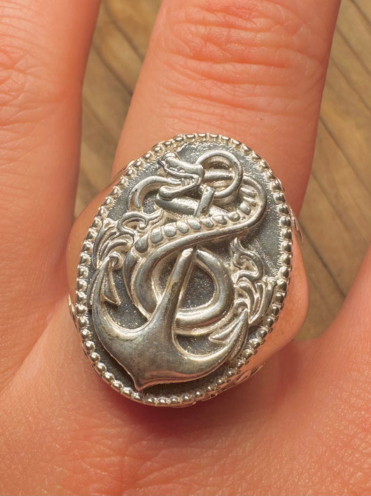 Vintage Anchor Textured Signet 925 Sterling Silver Size X Ring