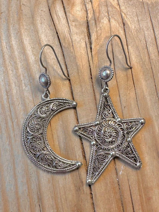 Vintage Star and Moon Filigree 925 Silver Earrings