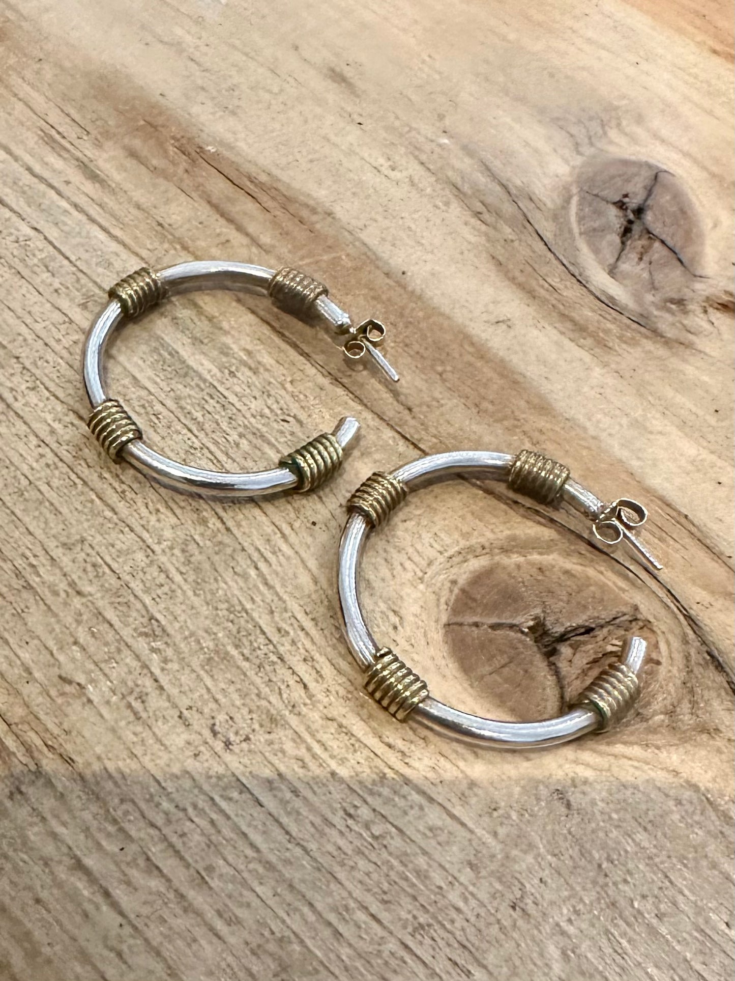 Vintage Large Brass Wrapped 925 Silver Half Hoop Earrings