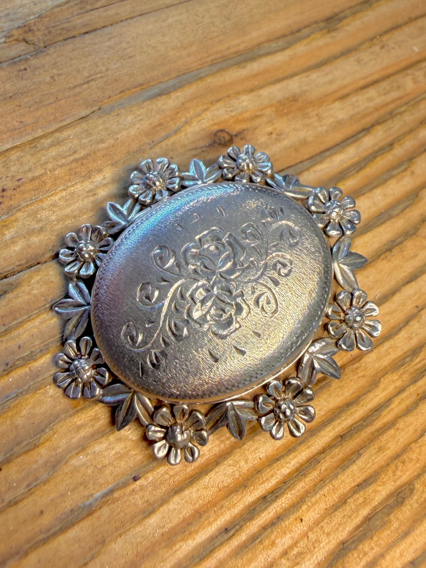 Large 1969 Floral Motif and Engraved Maker JS Birmingham Locket 925 Sterling Silver Pendant Brooch