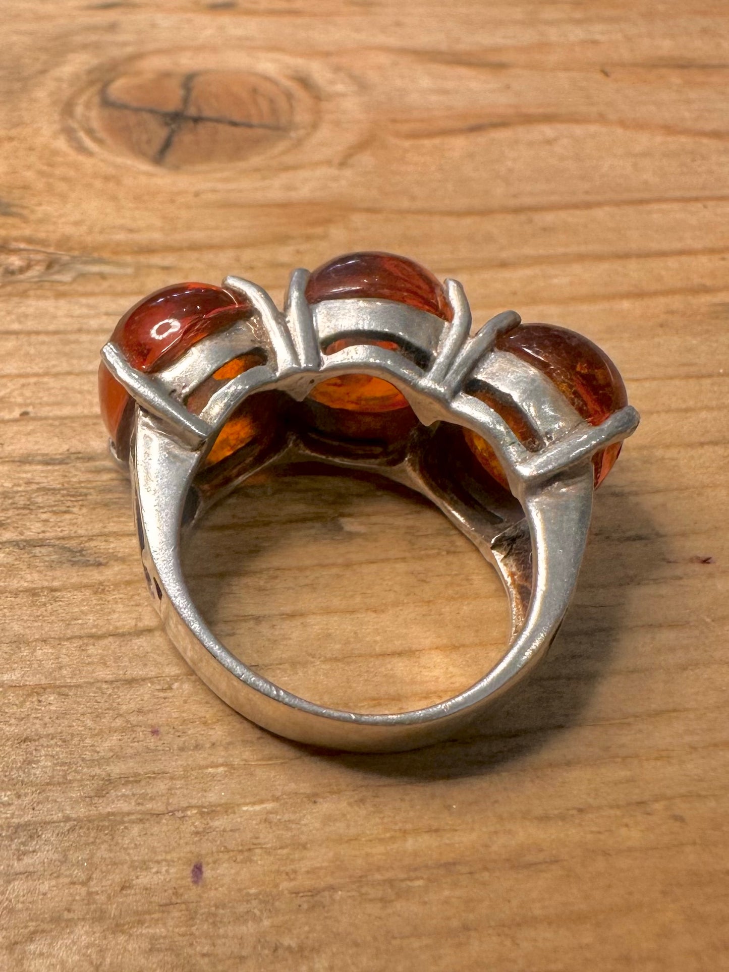 Vintage Amber Trio 925 Silver Size M Ring