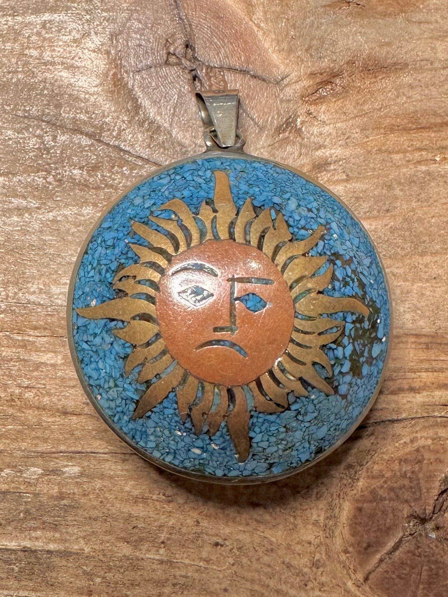 Vintage Double Sided Bronze Art MFTLES Mexico Turquoise Inlay 925 Silver Pendant