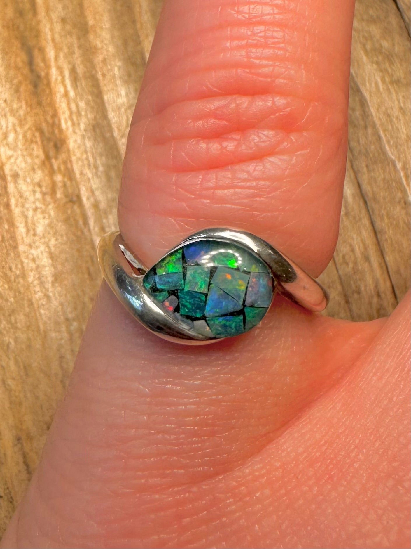 Modern Mosaic Opal 925 Sterling Silver Size J Ring