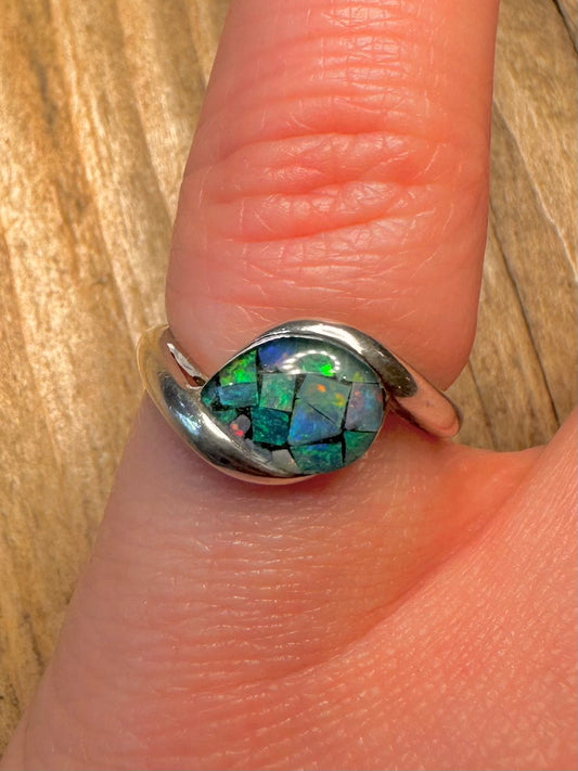 Modern Mosaic Opal 925 Sterling Silver Size J Ring
