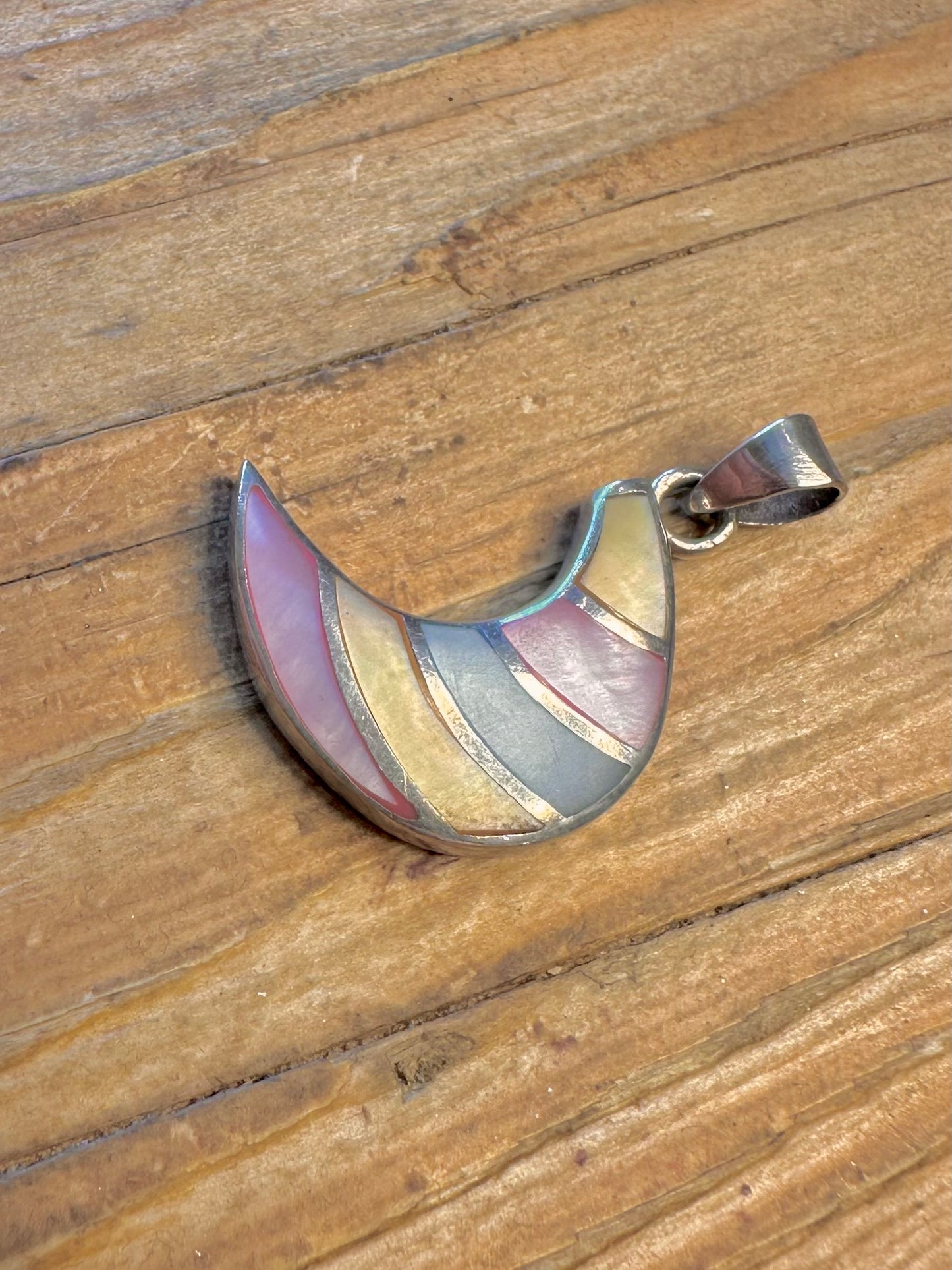 Multi Coloured Mother of Pearl Moon 925 Sterling Silver Pendant