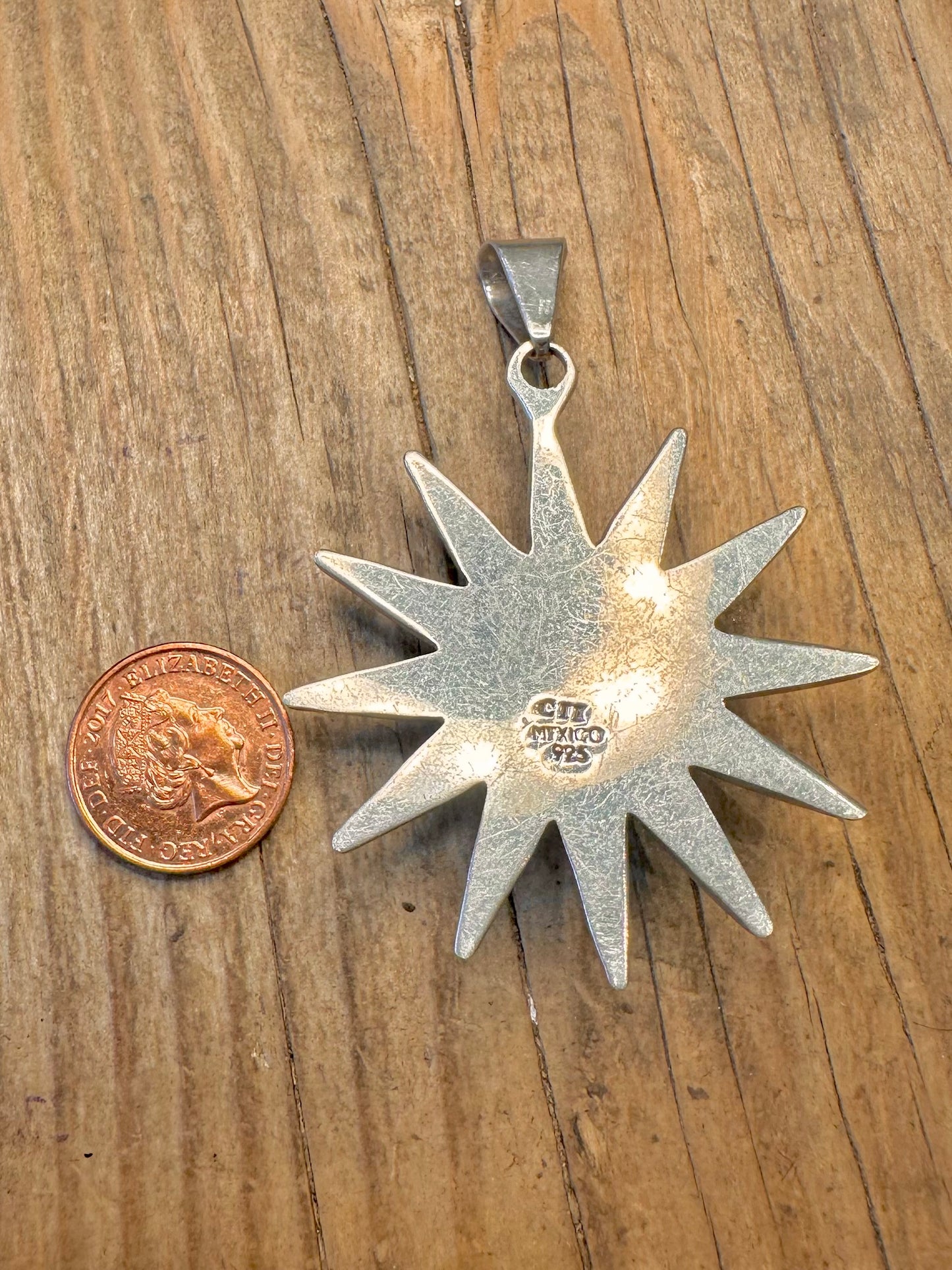 Large Vintage Lapis Sun Mexican 925 Sterling Silver Pendant