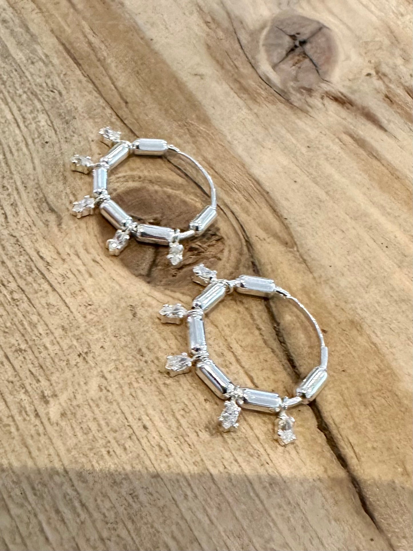 Modern Bamboo Hoops with CZ Stones 925 Silver Earrings