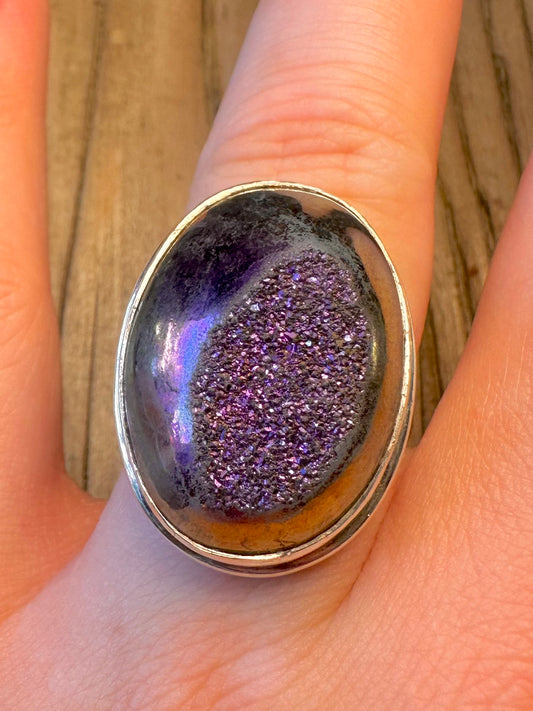 Large Oval Drusy Purple 925 Sterling Silver Size S Ring