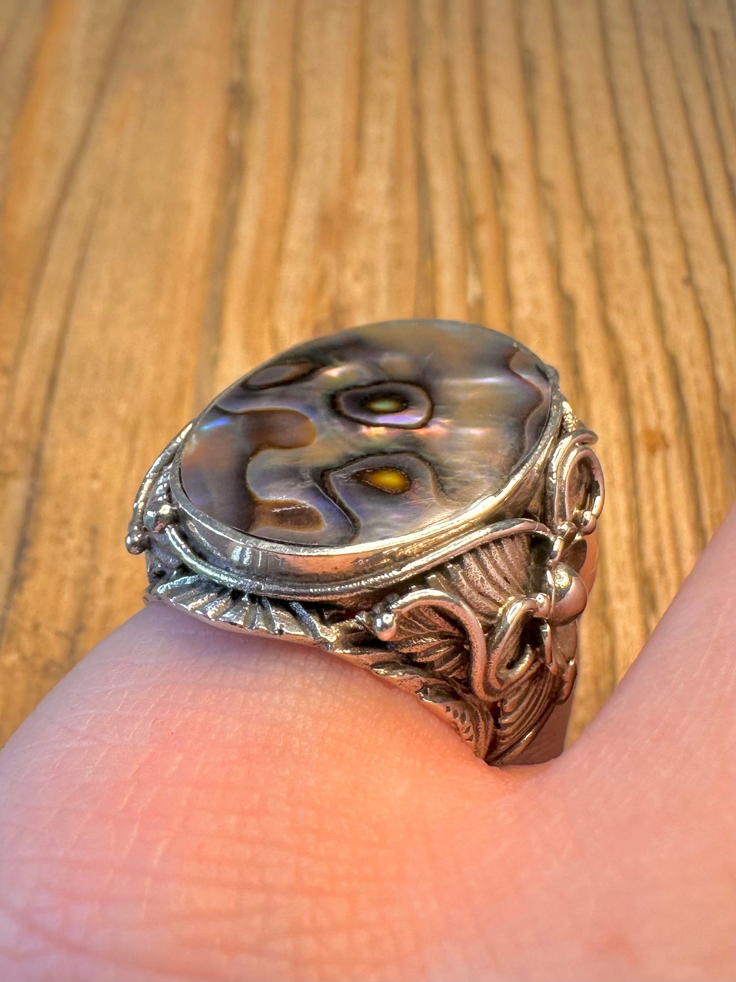 Large Abalone Floral Design and Swirls 925 Sterling Silver Size N Ring