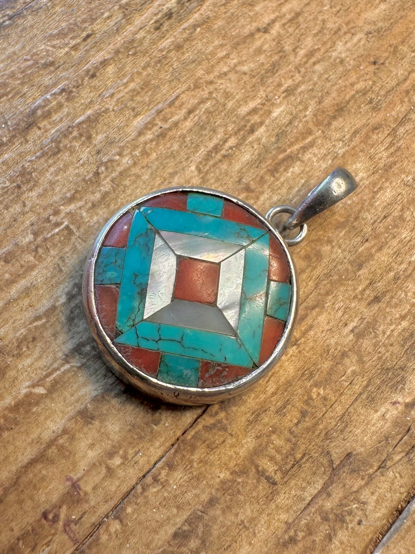 Southwestern Coral Turquoise Mother of Pearl Silver Pendant