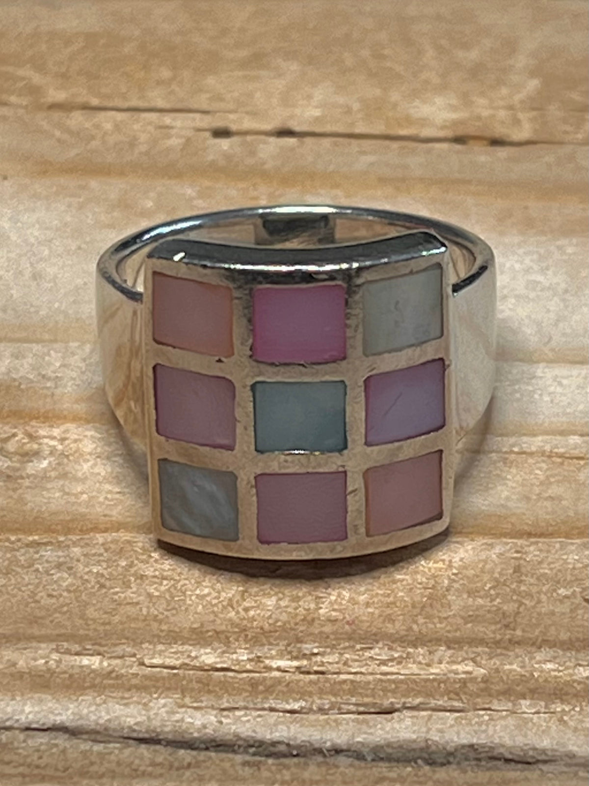 Multi-Coloured Mother of Pearl Square 925 Sterling Silver Size P1/2 Ring