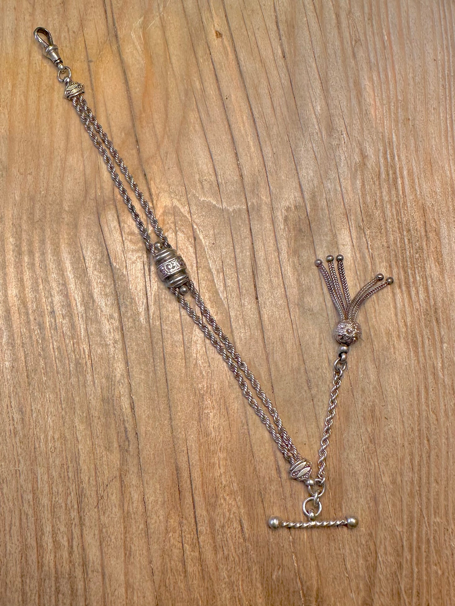 Antique Victorian Albertina Tassel T Bar 925 Sterling Silver 6.7 inch Bracelet