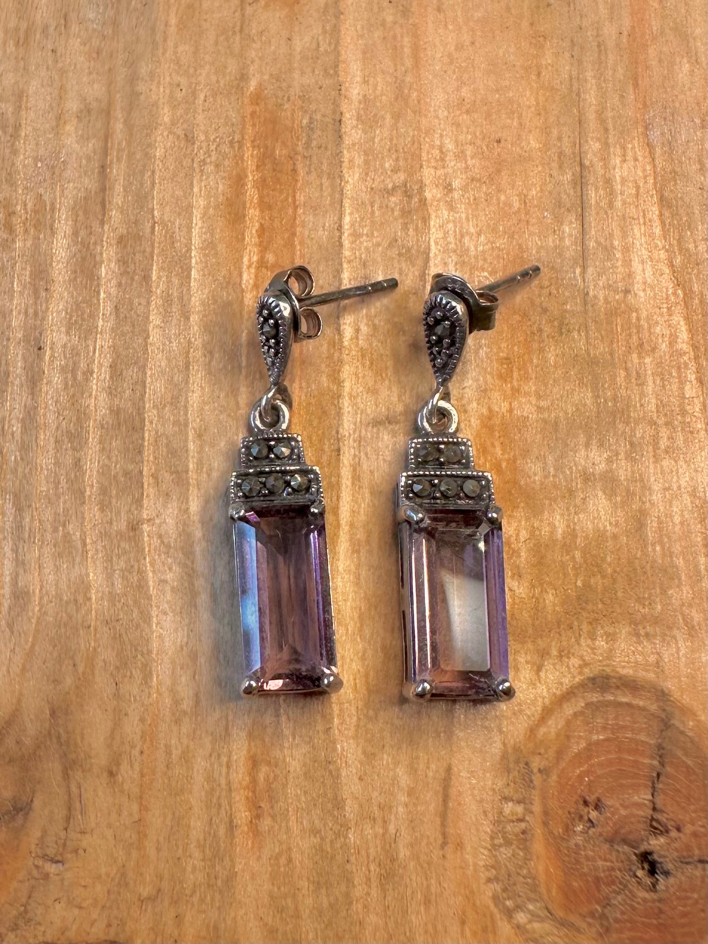 Purple Stone Rectangle Marcasite Art Deco 925 Sterling Silver Earrings