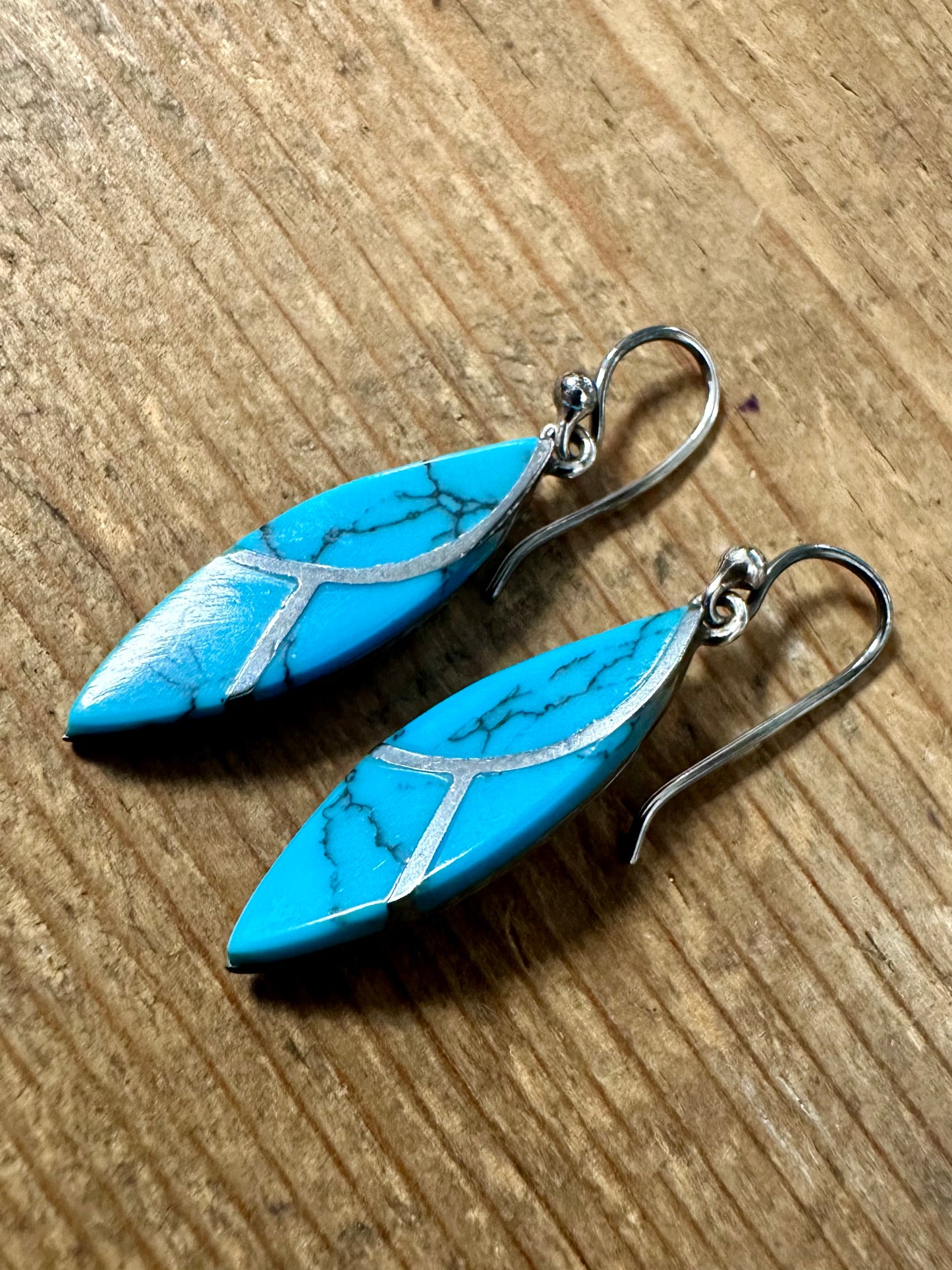 Vintage Polished Turquoise Dangle 925 Silver Earrings