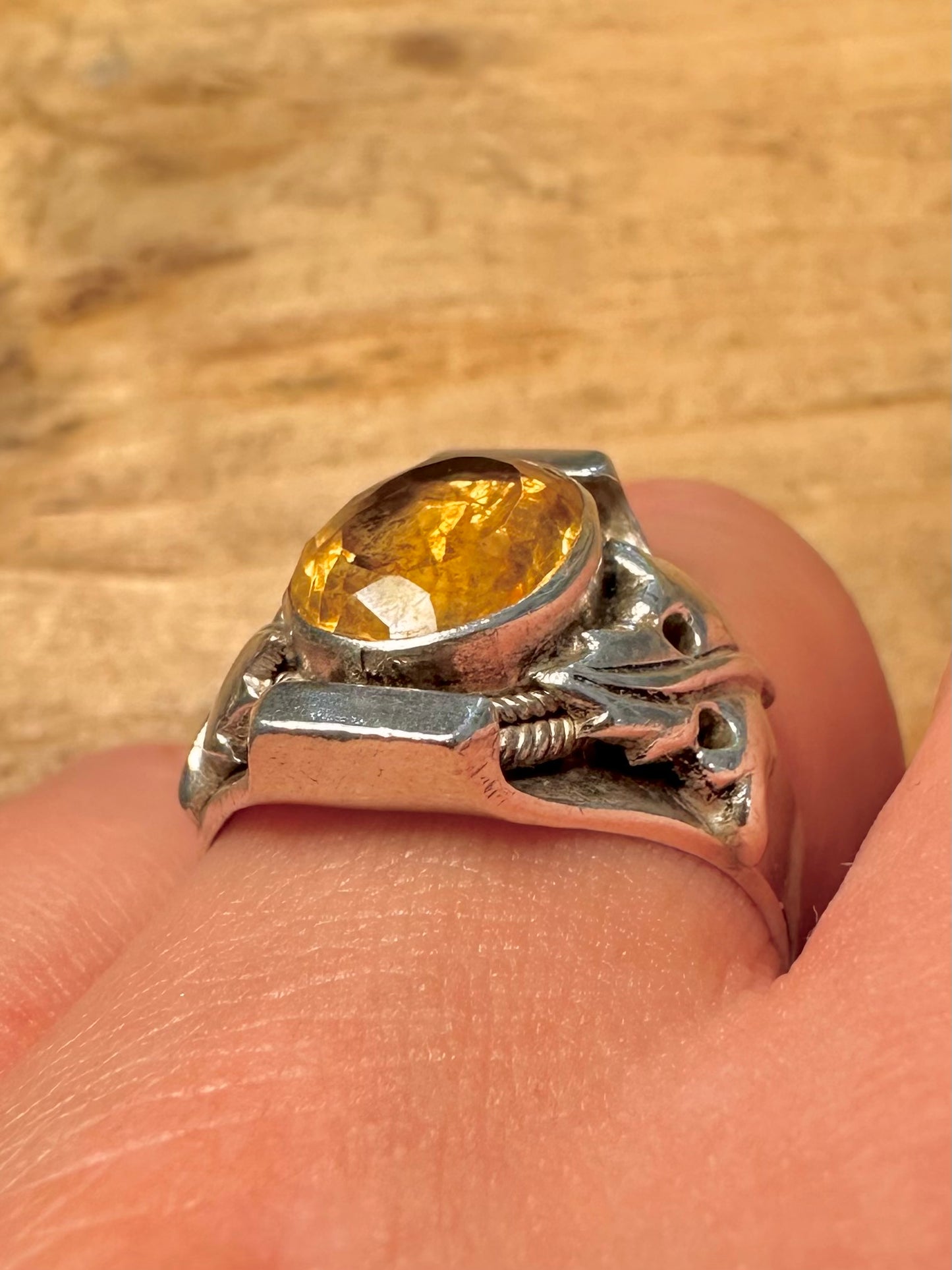 Vintage Citrine Boho Shield 925 Silver Size T Ring