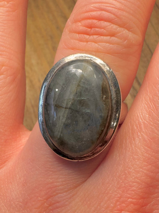 Vintage Oval Labradorite 925 Sterling Silver Size N Ring