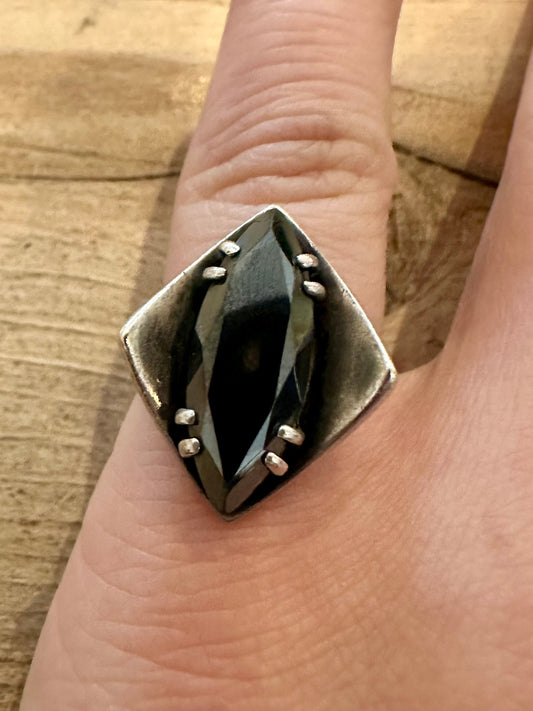 Vintage Abstract Black Stone 925 Silver Size K Ring