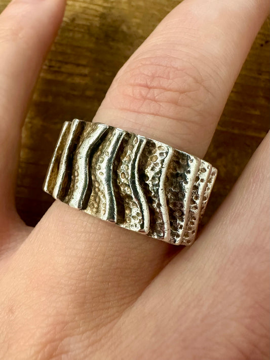 Abstract Textured Brutalist Chunky 925 Silver Size S Ring