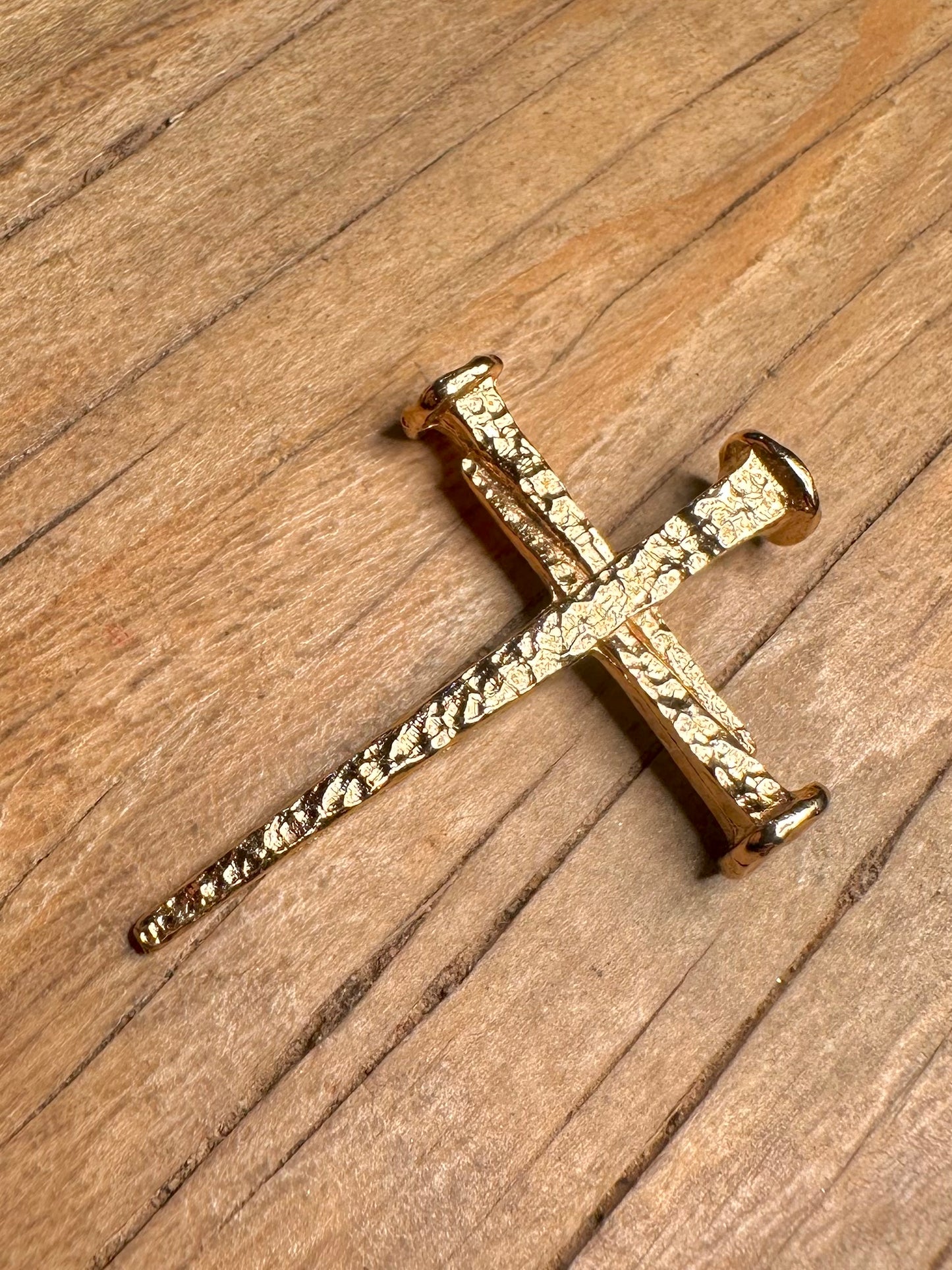 Vintage Textured Nail Cross Gold on 925 Sterling Silver Pendant