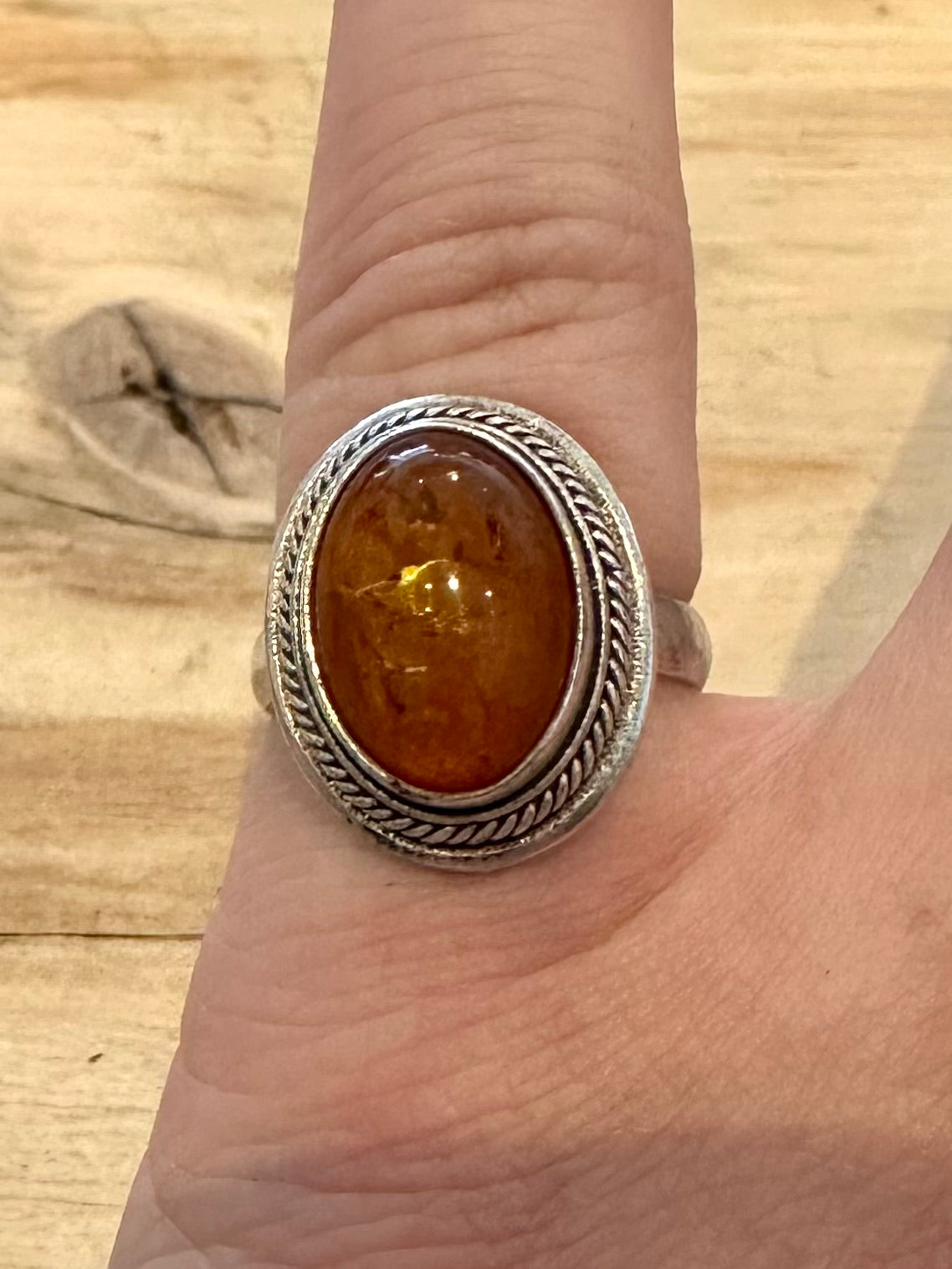 Vintage Amber Oval 925 Silver Size L Ring