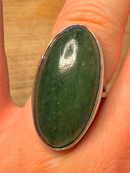 Vintage Elongated Green Stone 925 Silver Size N Ring