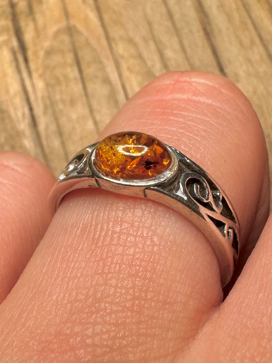 Vintage Amber Floral 925 Sterling Silver Size S Ring