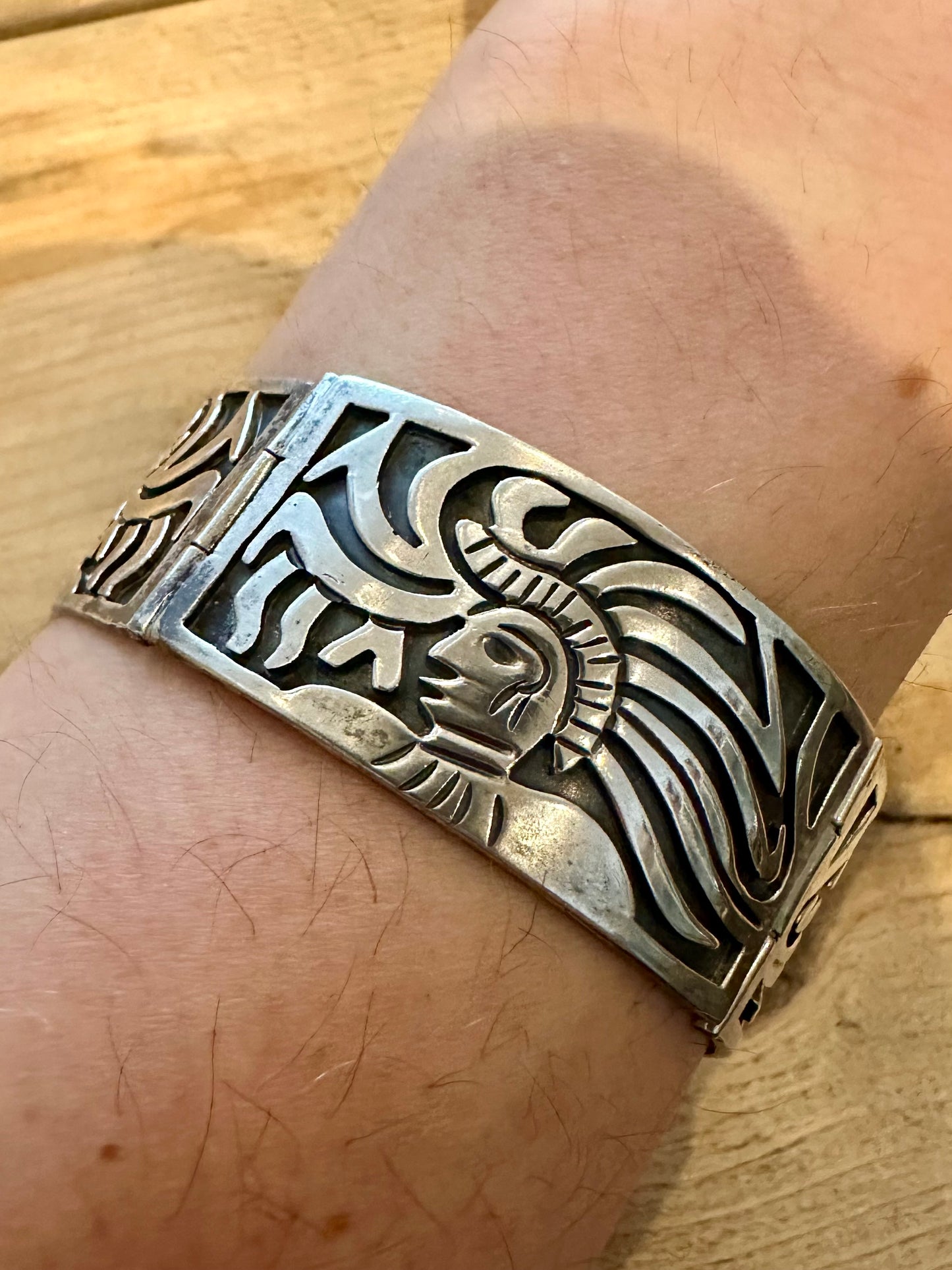 Vintage Warrior Panel Taxco 925 Sterling Silver 6.5 inch Bracelet