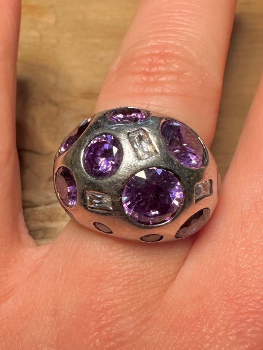 Modernist Dome Amethyst and CZ 925 Silver Size N Ring