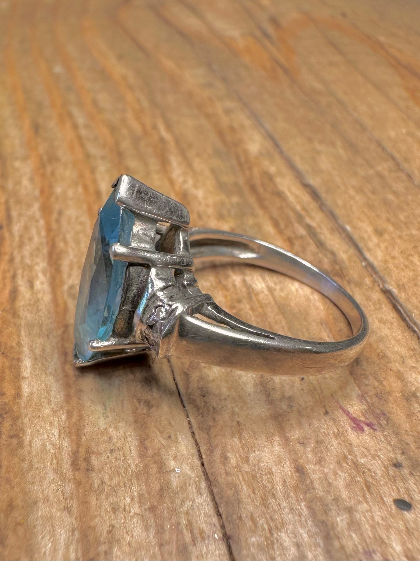 Vintage Marquise Cut Blue Topaz and CZ 925 Sterling Silver Size K Ring
