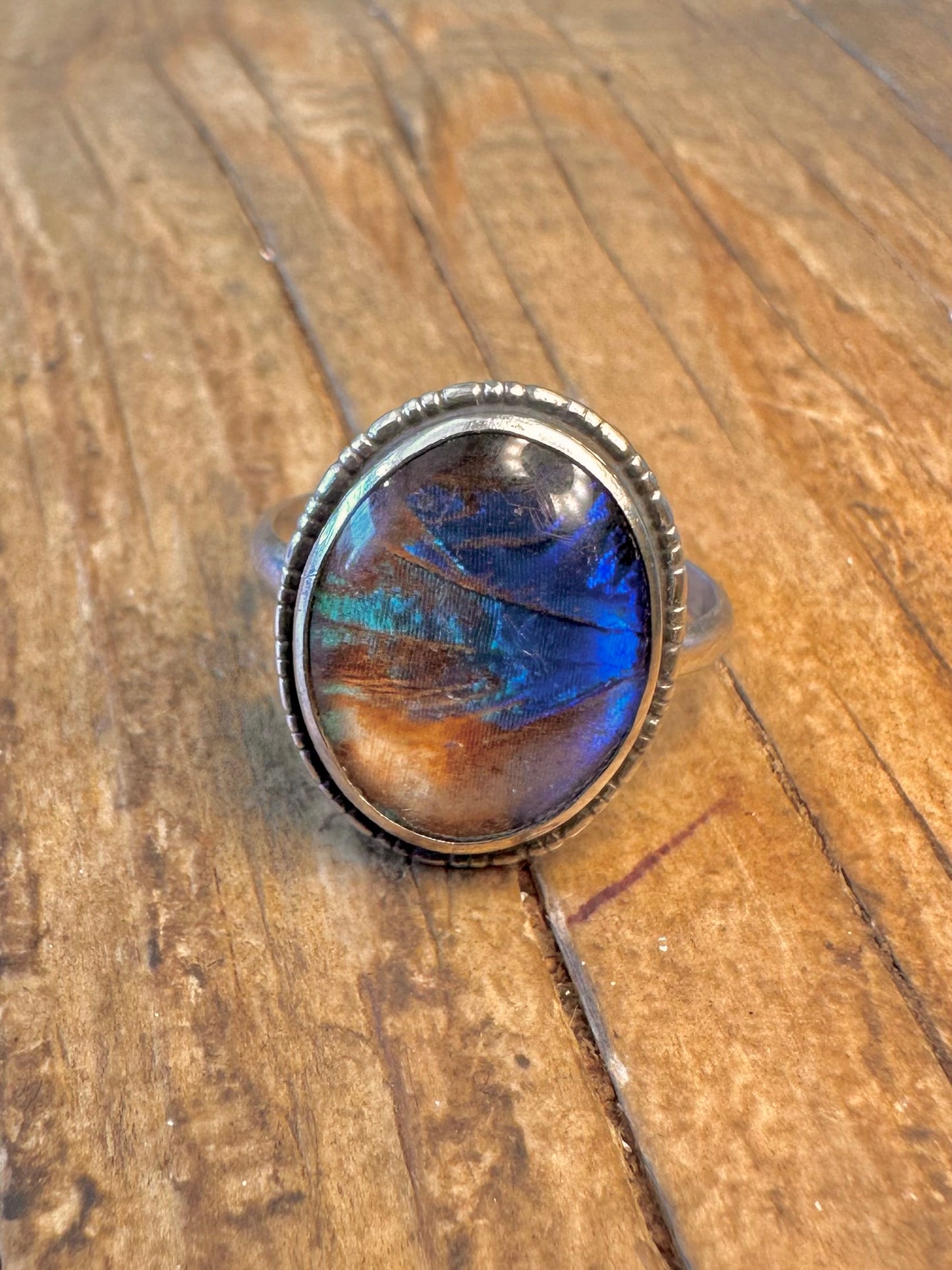 Butterfly Wing Blue Oval 925 Sterling Silver Size O1/2 Ring