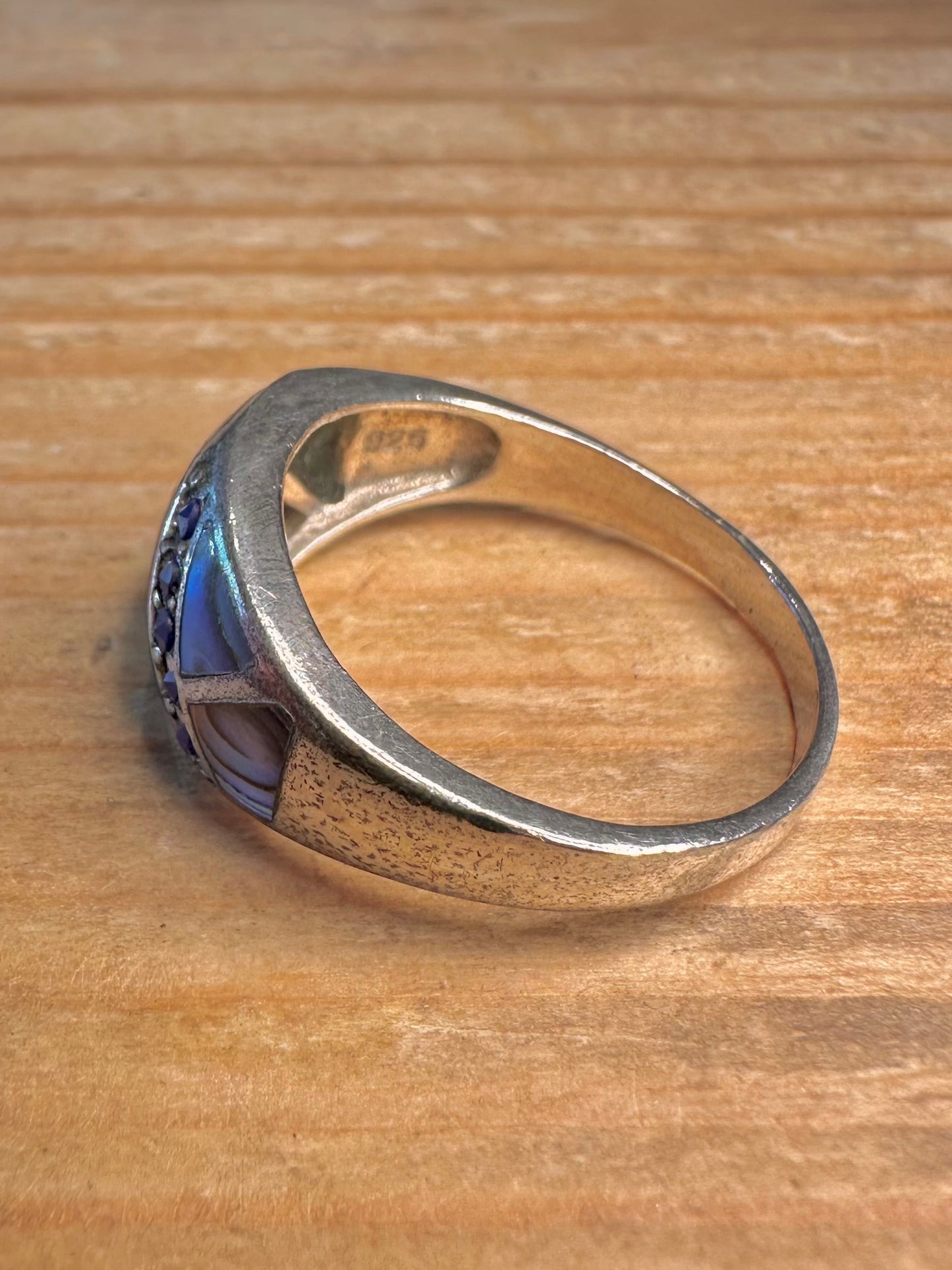 Vintage Abalone and Blue Stone 925 Sterling Silver Size V1/2 Ring