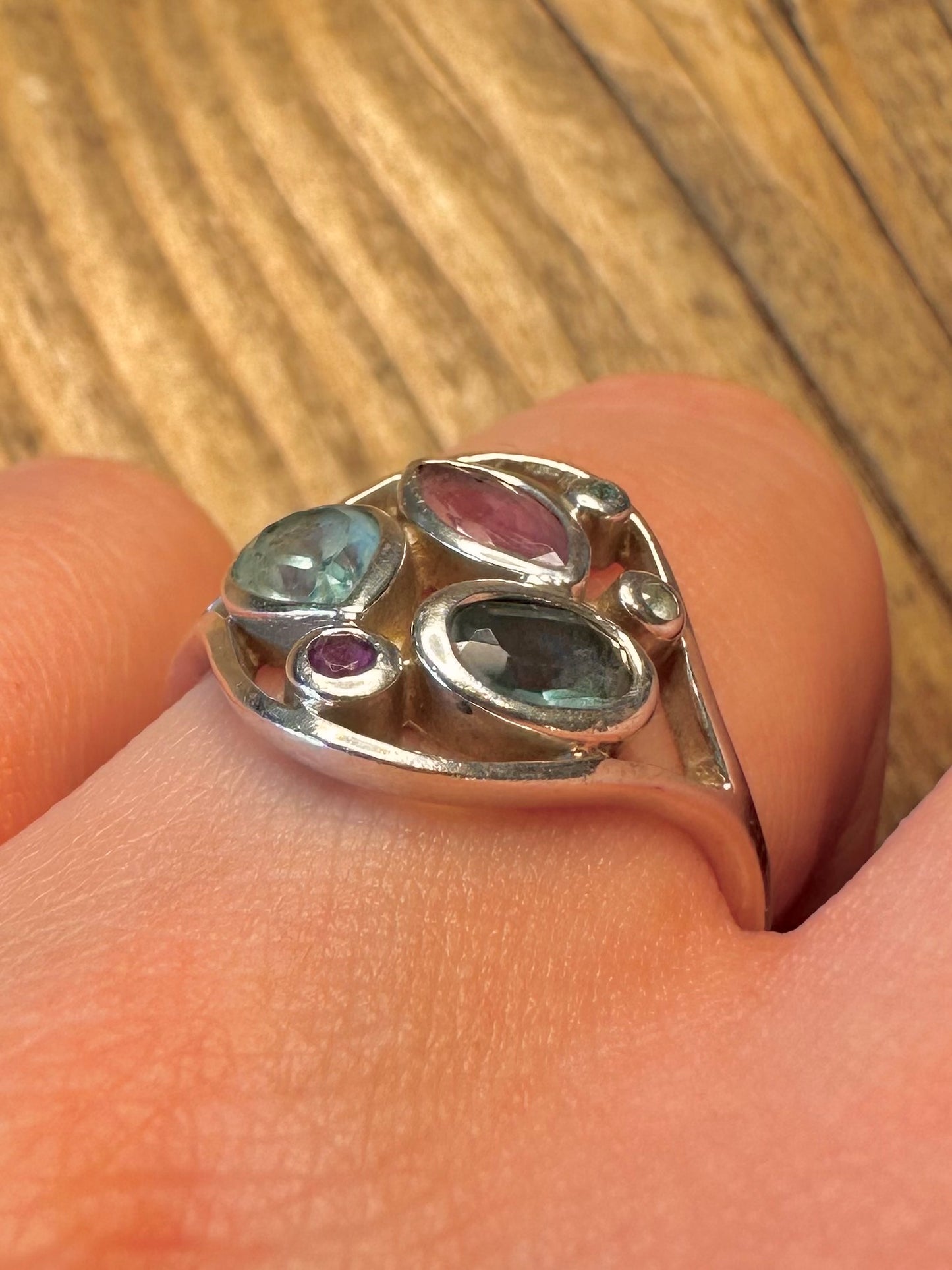 Abstrakter Multi-Edelstein 925 Sterling Silber Ring Größe L