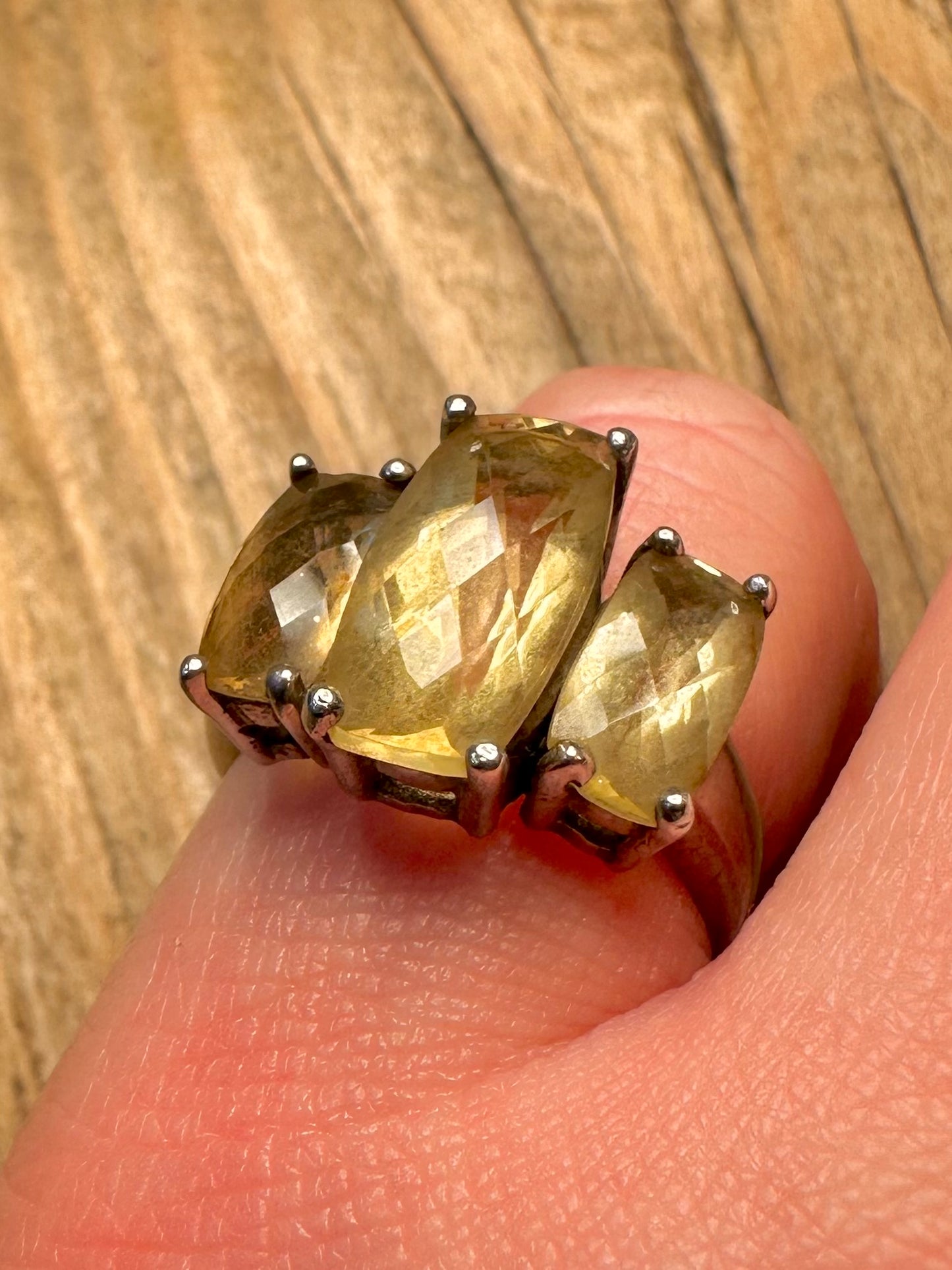 Vintage Citrine Three Faceted 925 Sterling Silver Size N Ring