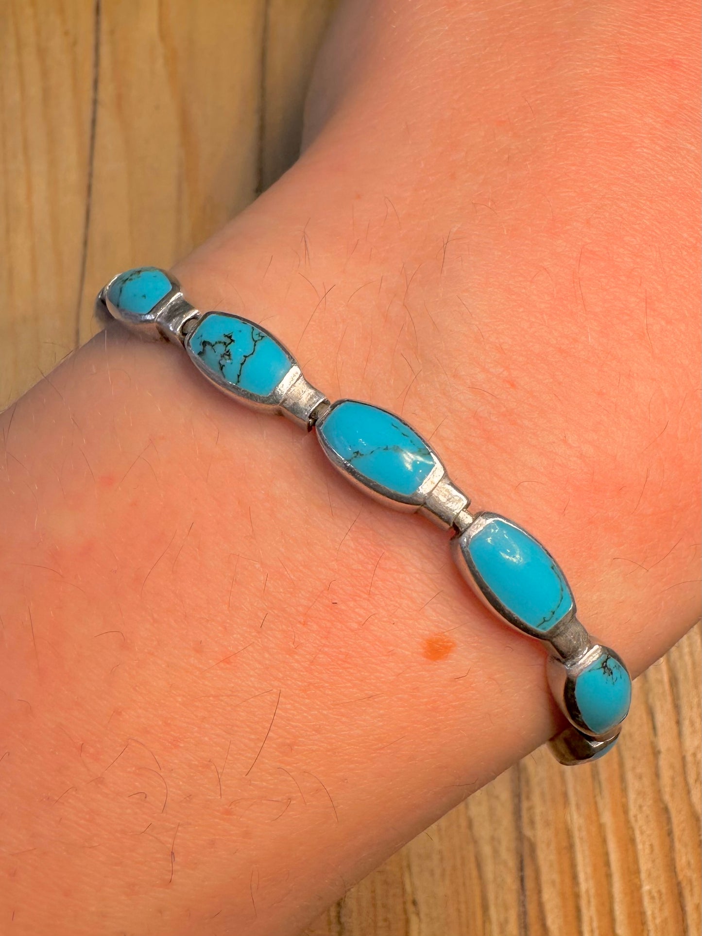 Vintage Turquoise Link 925 Sterling Silver 7.5 inch Bracelet