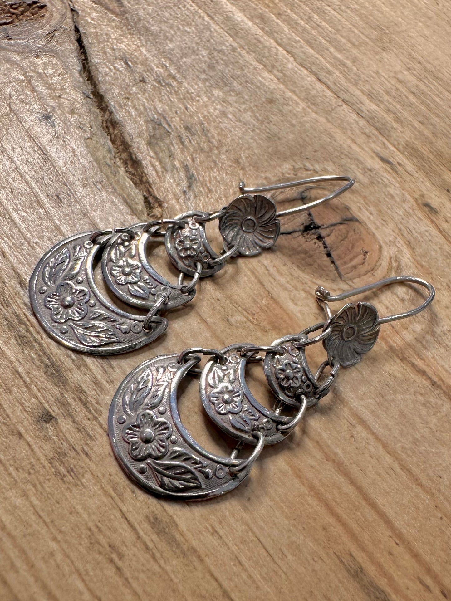 Vintage Floral Dangle Semi Circles 925 Silver Earrings