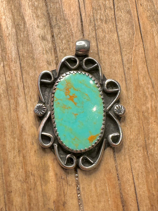 Vintage Navajo Polished Turquoise 925 Sterling Silver Pendant