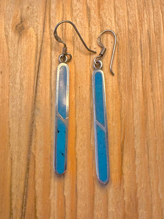Abstract Turquoise Inlay Bar Dangle 925 Sterling Silver Earrings