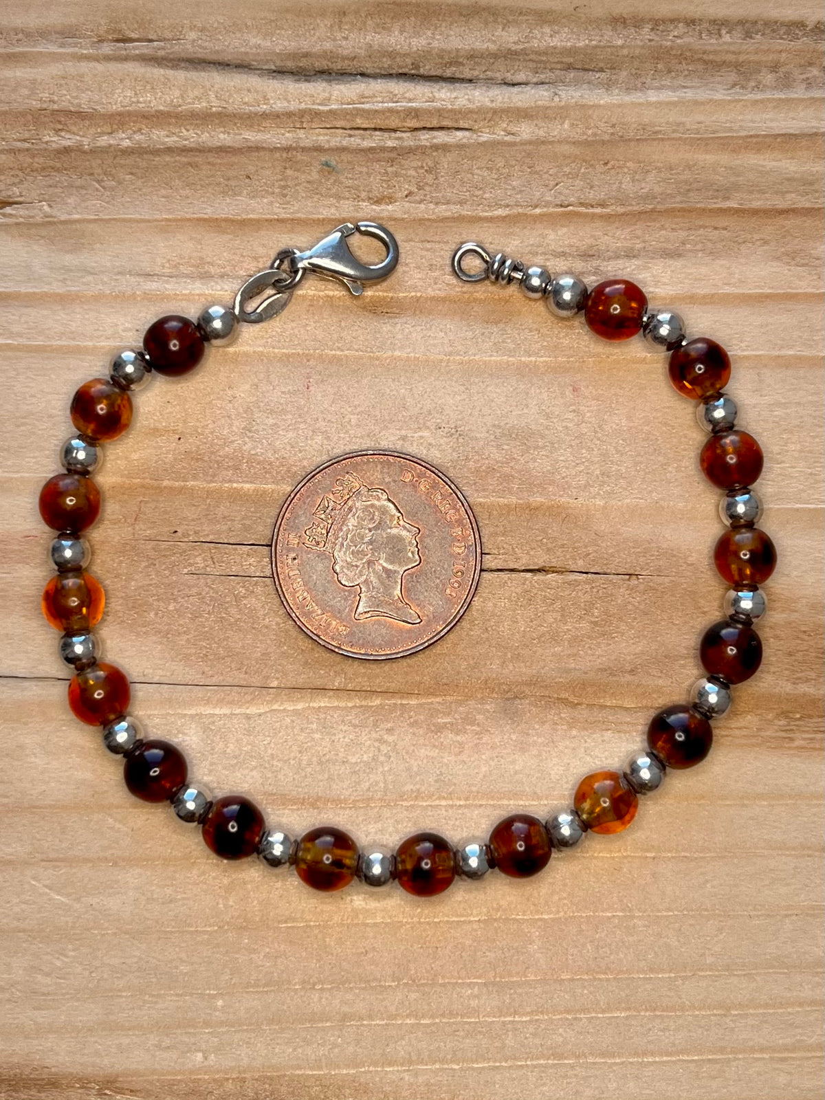 Amber Bead and Silver Balls 925 Sterling Silver 7.5 Inch Bracelet