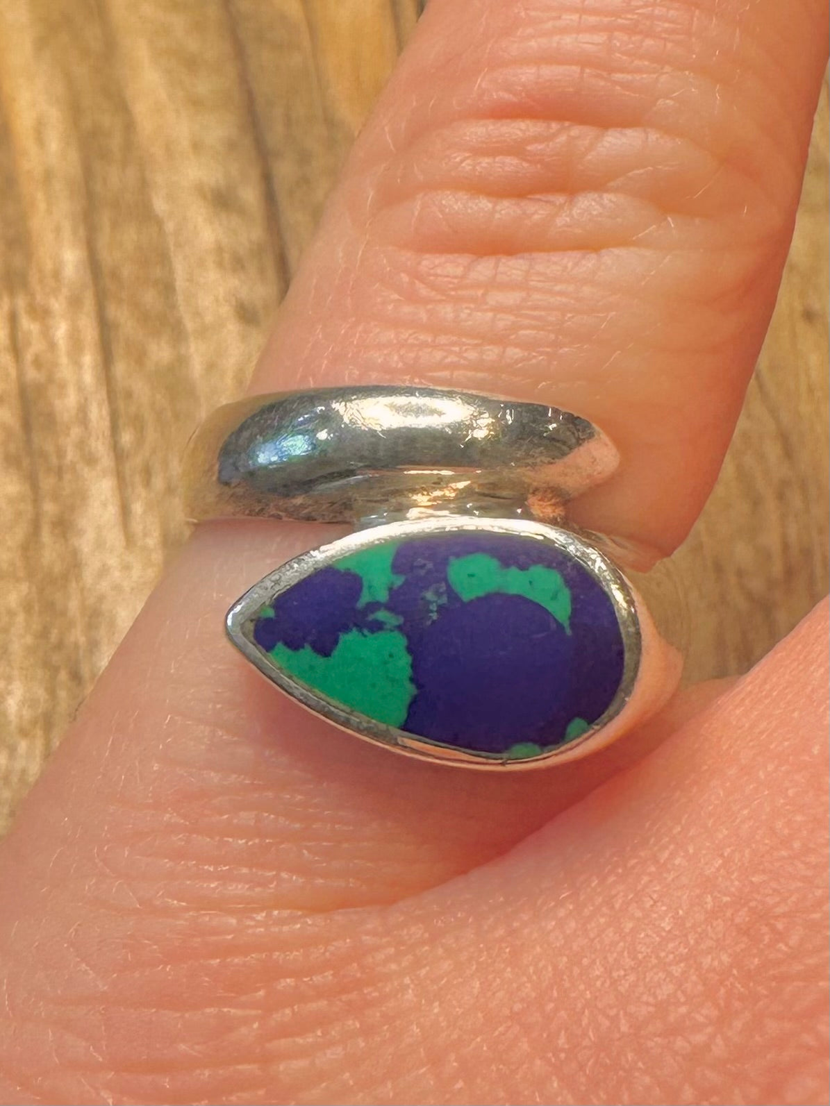 Abstract Azurite Malachite Overlapping 925 Sterling Silver Size N Ring
