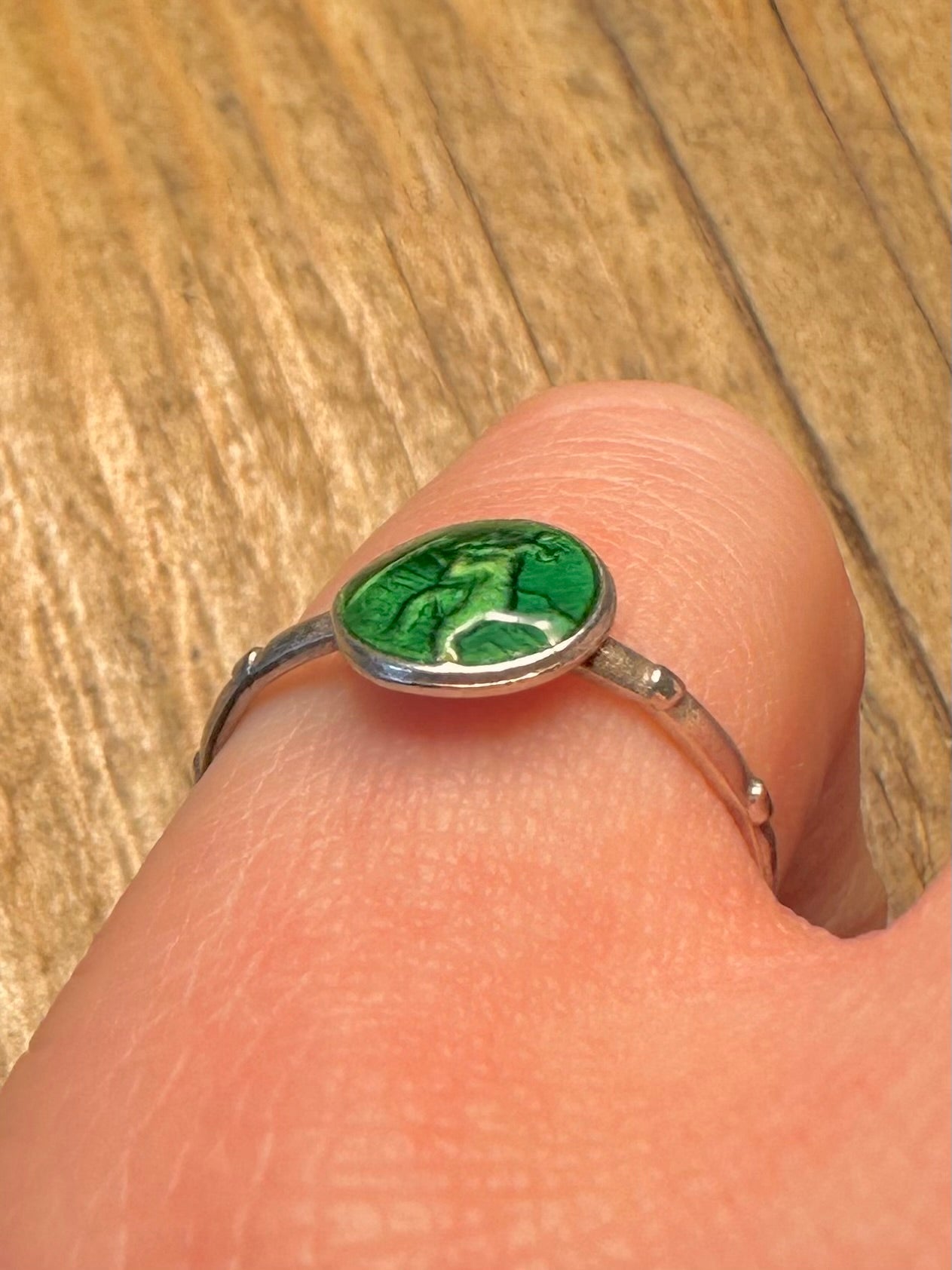 Vintage Green Enamel St Christopher 925 Sterling Silver Size N1/2 Ring