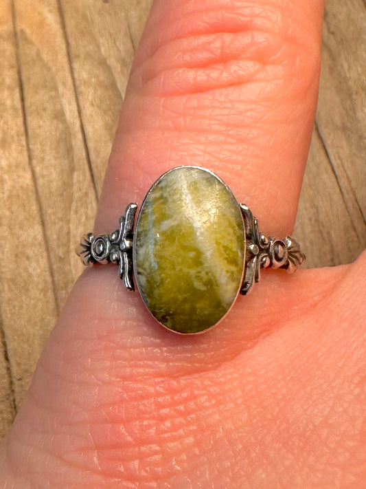 Vintage Green Marble Floral 925 Sterling Silver Size O Ring