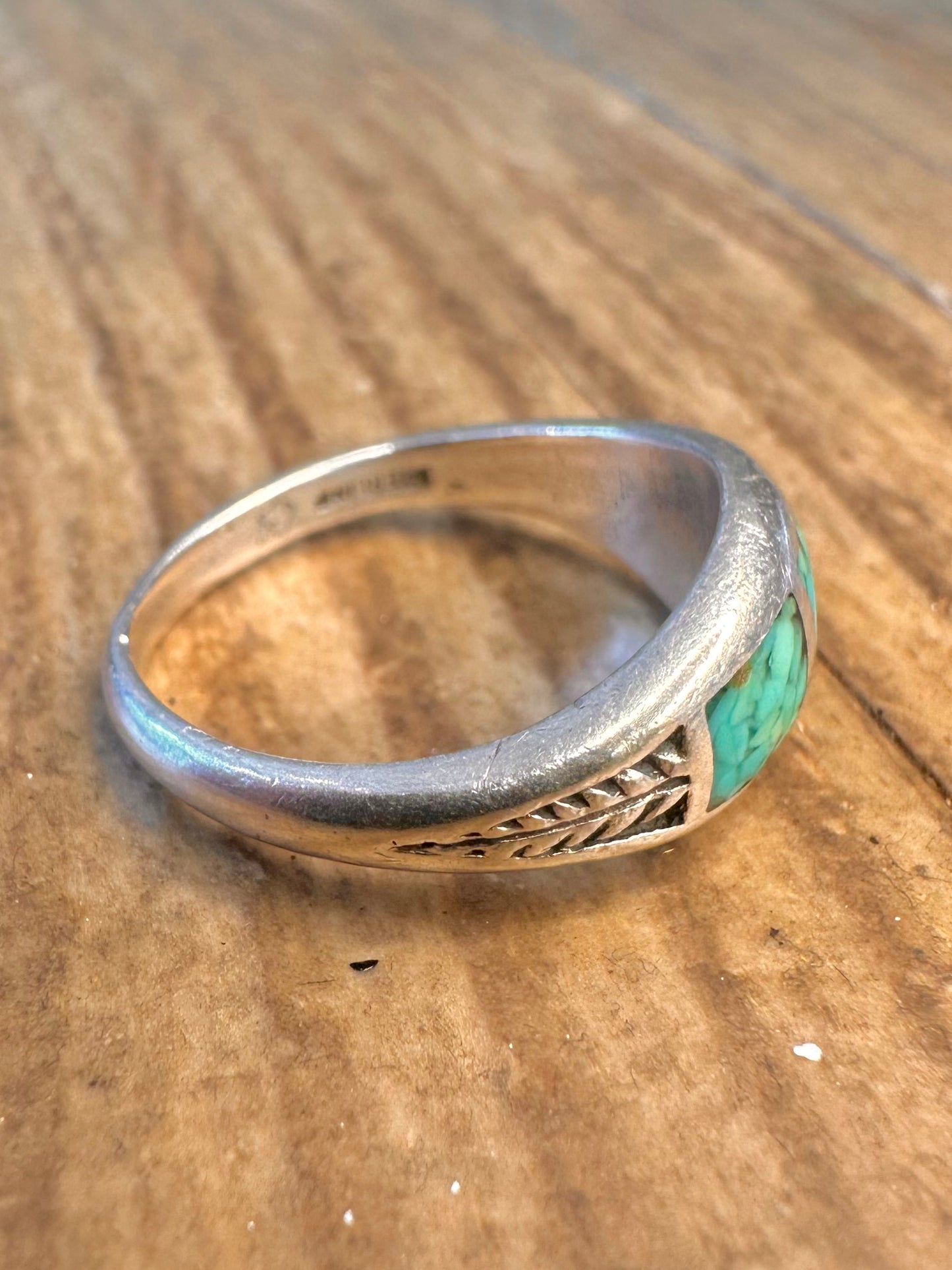 Southwestern Turquoise Inlay Leaf Design 925 Sterling Silver Size L Ring